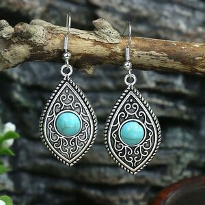 Bohemian Silver Tone & Faux Turquoise Teardrop Dangle Earrings Boho Textured